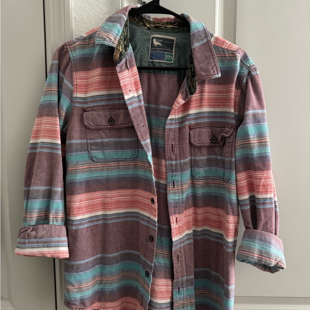 Modern Amusement Men's Button-Down Shirt in Mauve, Teal, Coral Stripes